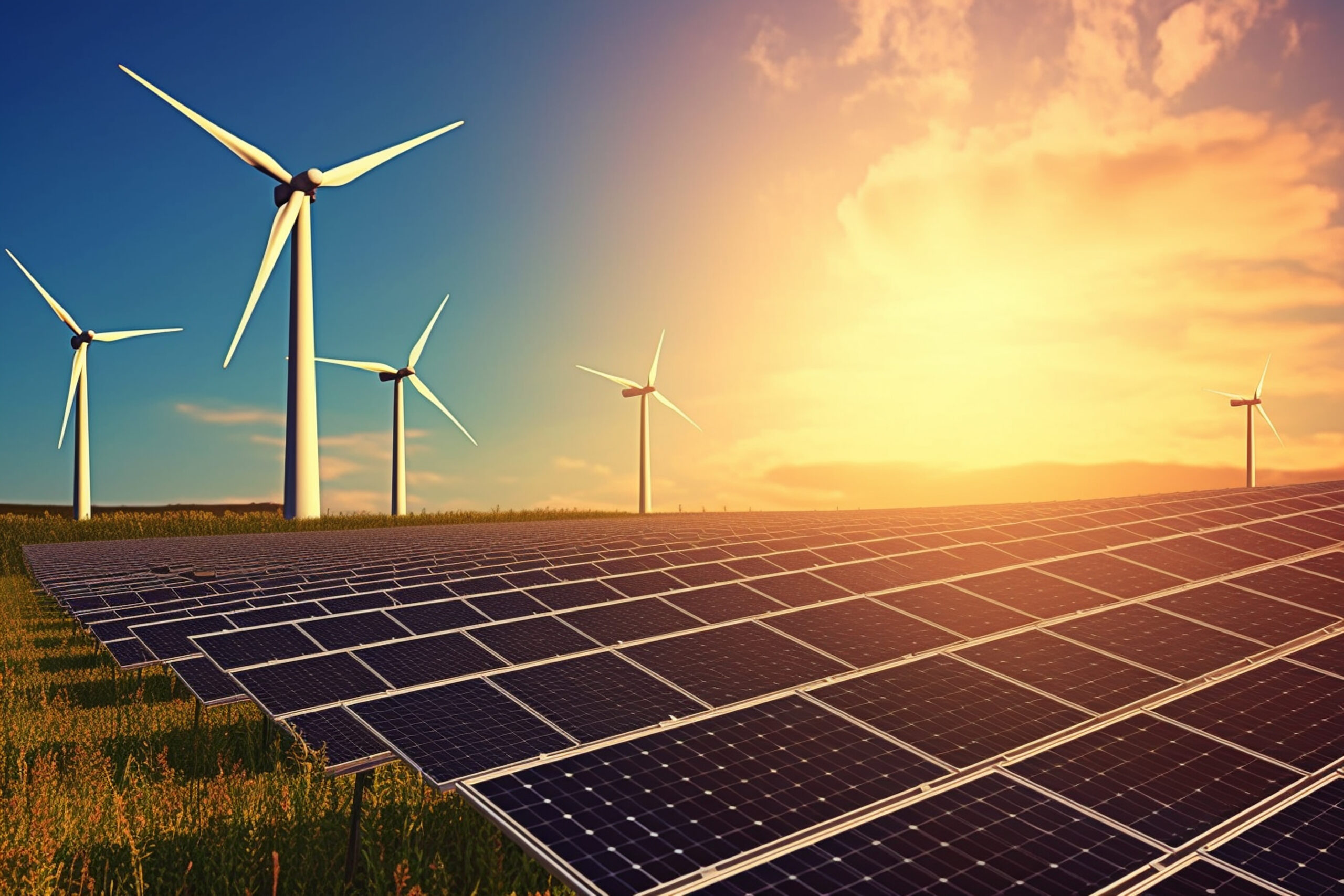 Solar panels and wind turbines in the sunset field. Renewable energy concept